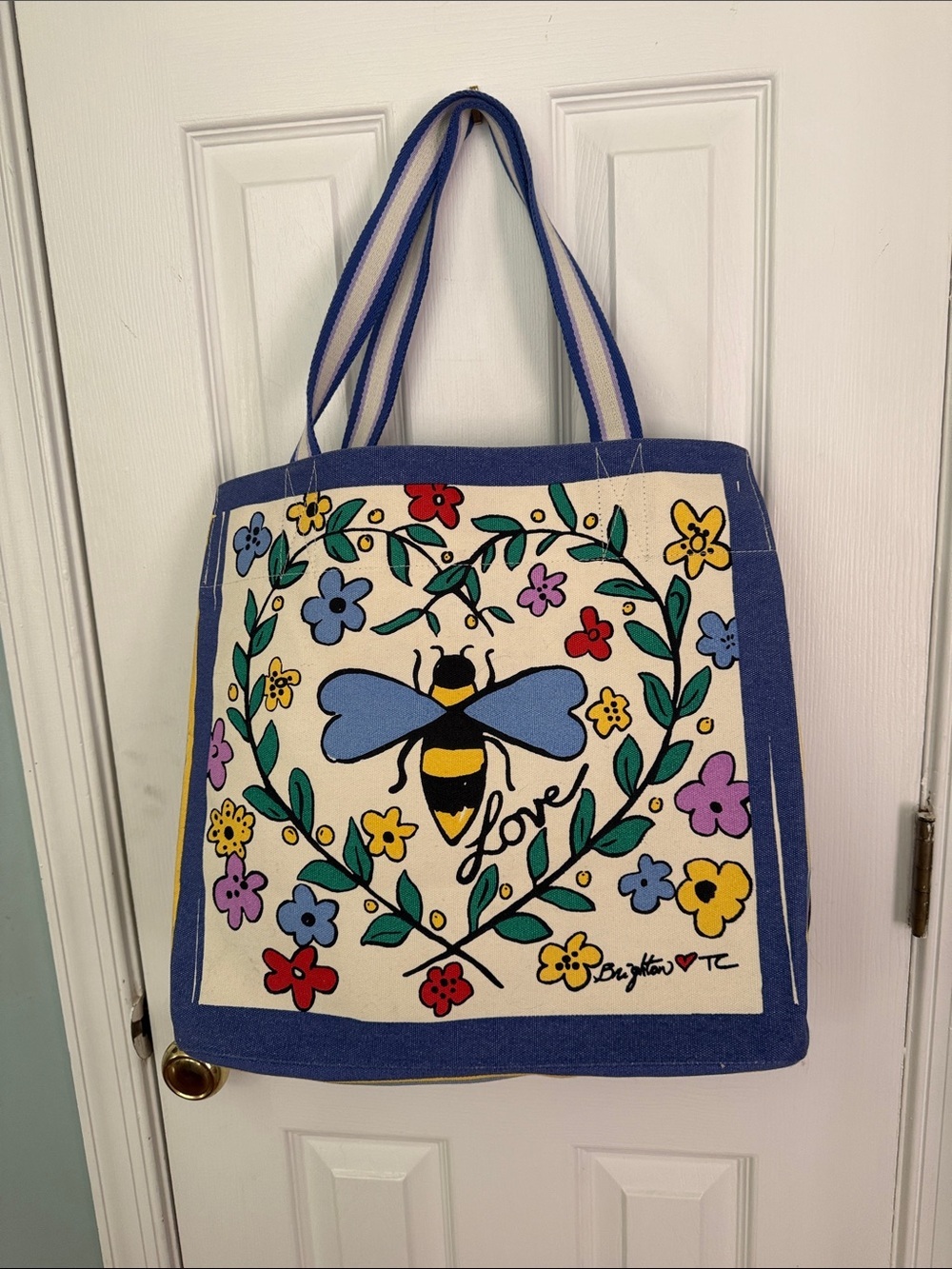 Brighton Cream Canvas Bee & Floral Tote with Blue Trim and Multicolor Accents